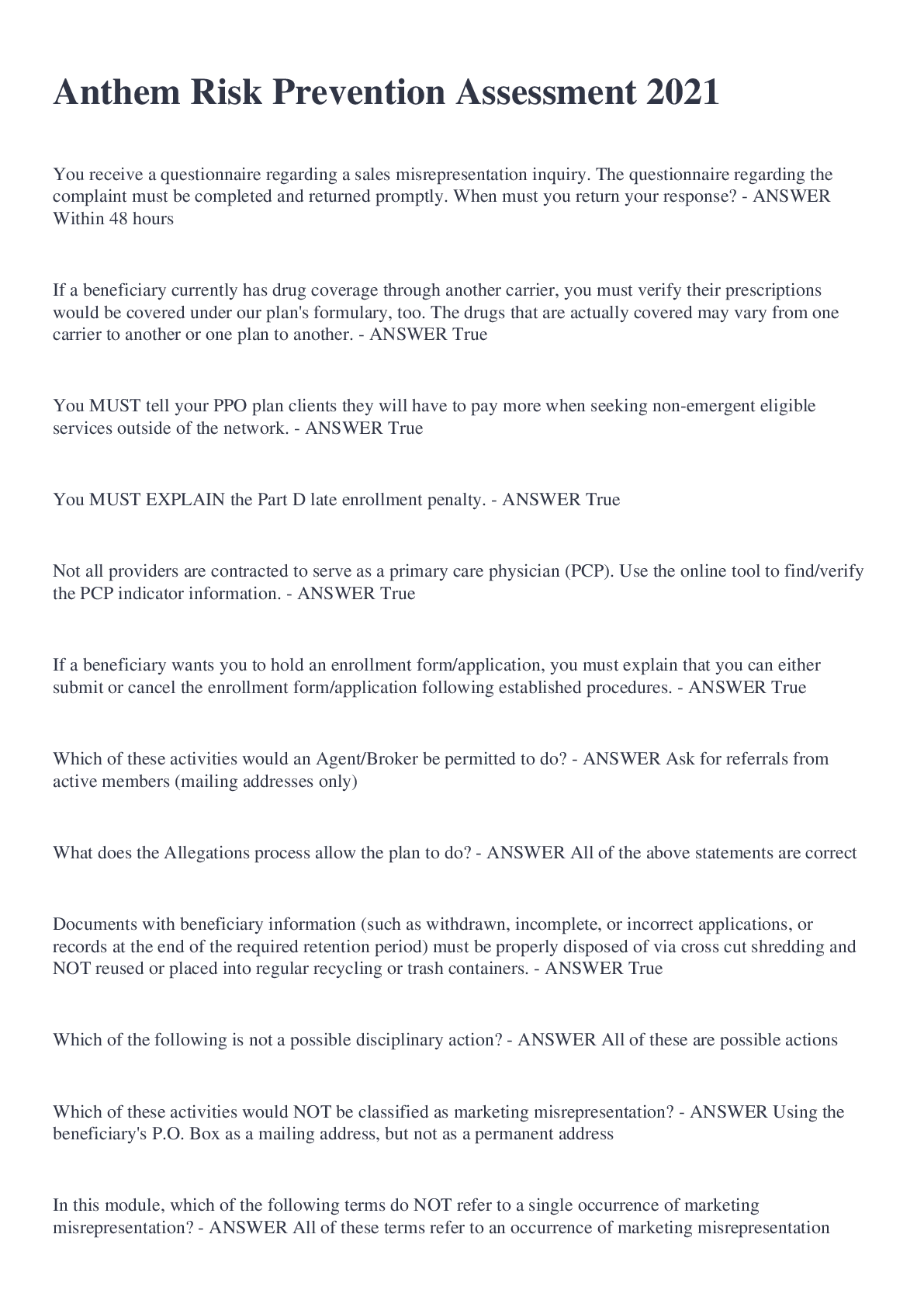 Preview image of Anthem Risk Prevention Assessment 2021 document